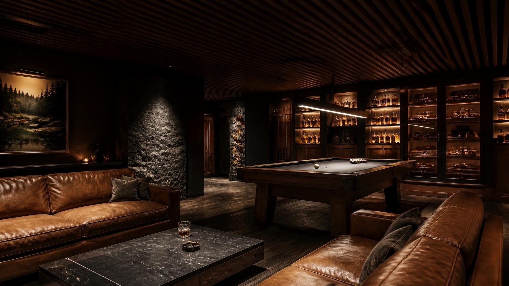 Vizualizacija: cigar & game room z biljardno mizo in usnjenimi sedežnimi garniturami