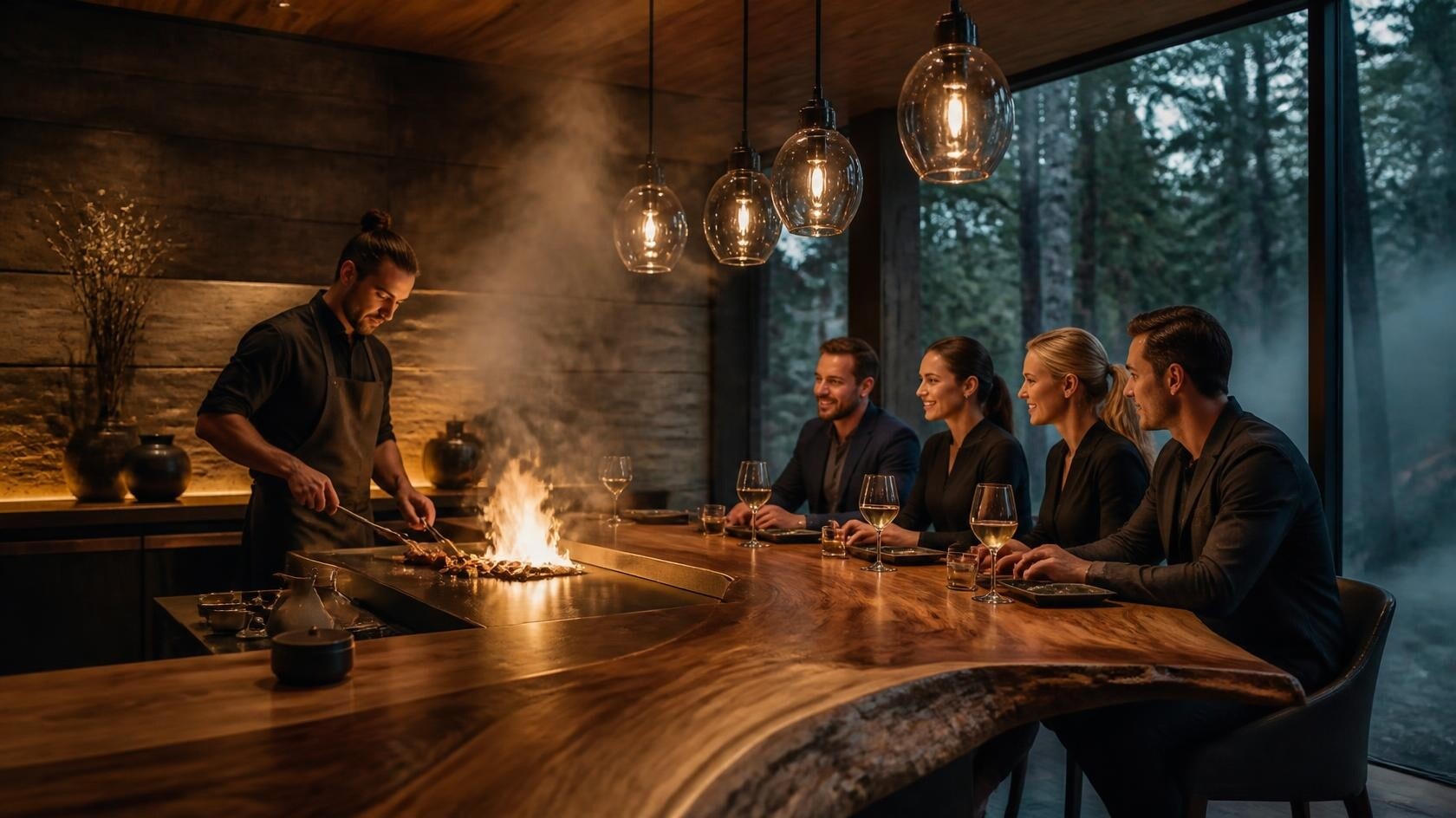Vizualizacija: chef pri teppanyaki plošči kuha pred gosti za orehovim otokom